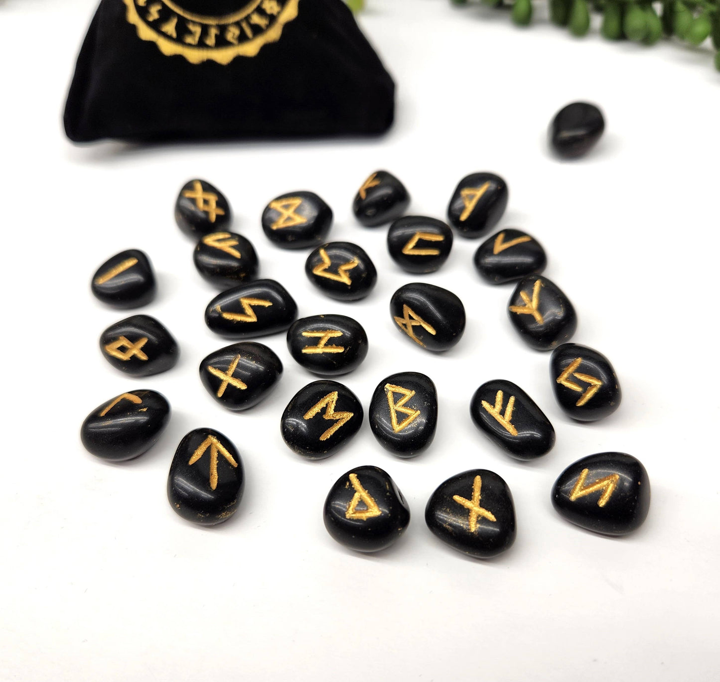 Black Agate Rune Sets with Velvet Pouch and Grid
