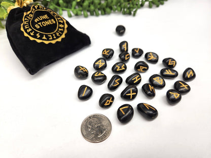 Black Agate Rune Sets with Velvet Pouch and Grid
