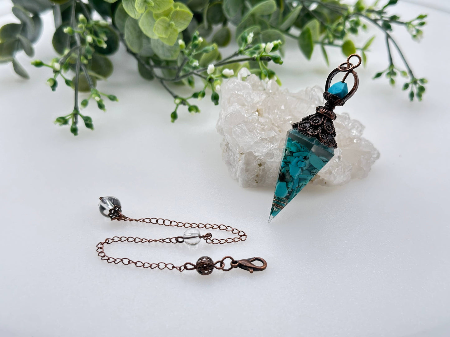 Turquoise Gemstone (Natural) Chips w/ Copper Resin Pendulum