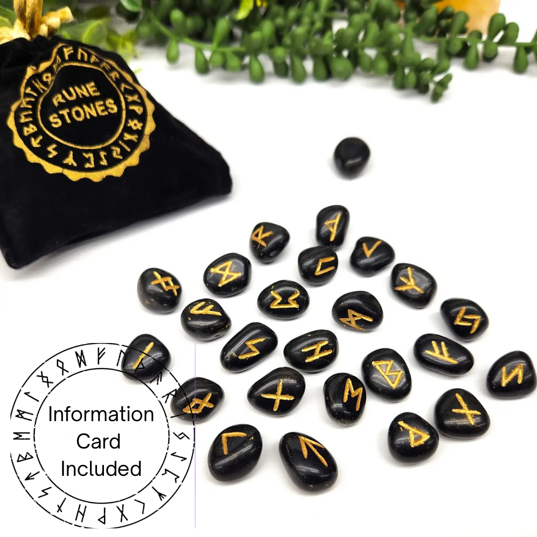 Black Agate Rune Sets with Velvet Pouch and Grid