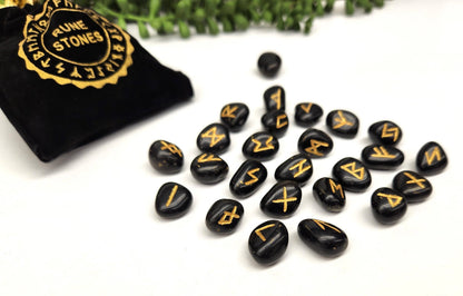 Black Agate Rune Sets with Velvet Pouch and Grid