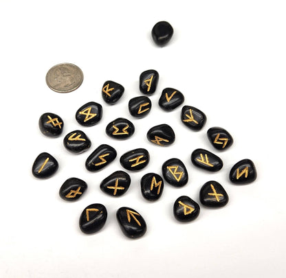 Black Agate Rune Sets with Velvet Pouch and Grid