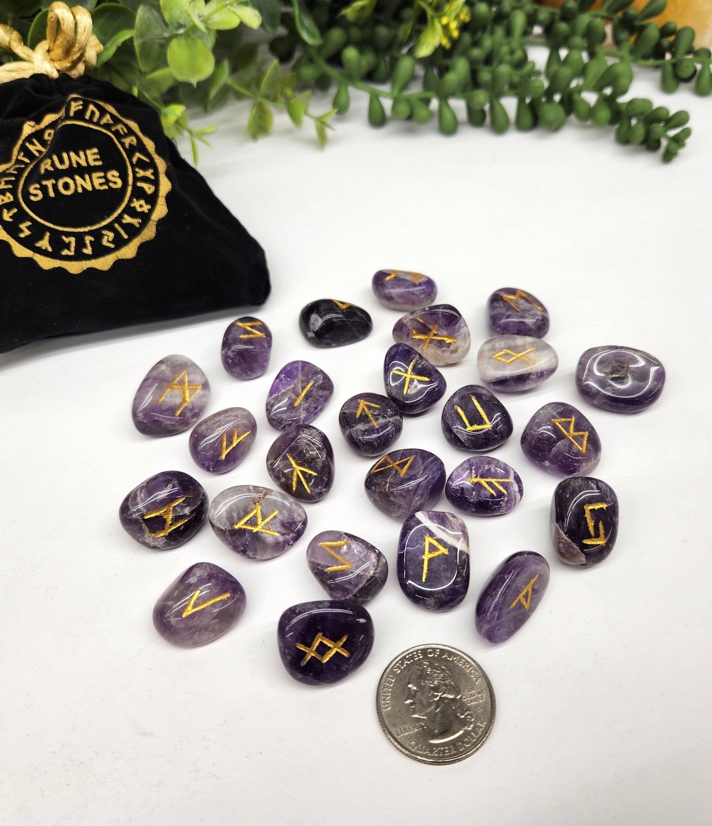 Chevron Amethyst Rune Sets with Velvet Pouch and Grid